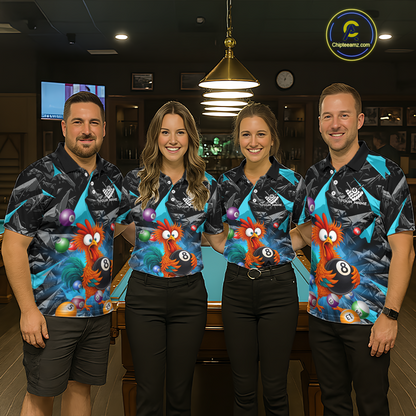 Custom Funny Turquoise Chicken 8 Ball Pool Billiard Shirt for Women Polo & 1/4 Zip, Billiard Team Jerseys NNT148