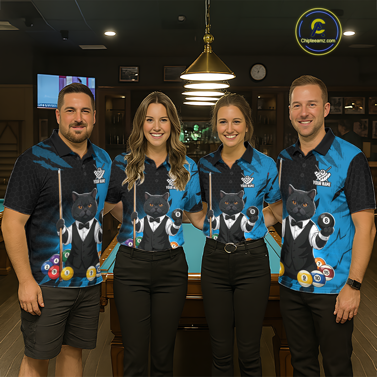 Custom Black Cat 8 Ball Pool Shirts Blue Billiard Shirt for Women Billiard Team Jersey Billiard Gift NNT181