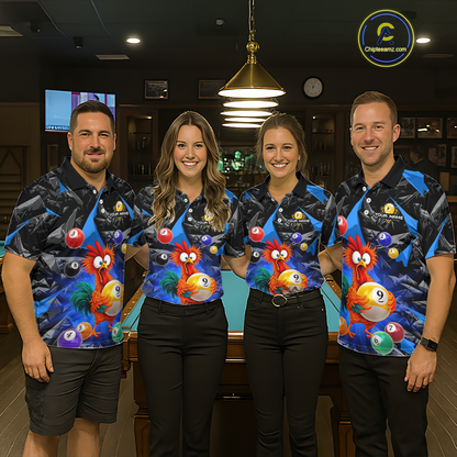 Custom Funny Blue Chicken 9 Ball Pool Billiard Shirt for Men Polo & 1/4 Zip, Billiard Team Jerseys NNT157