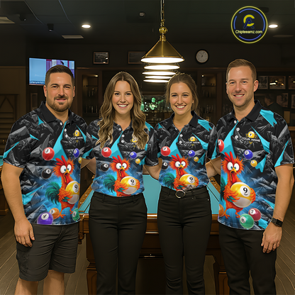 Custom Funny Turquoise Chicken 9 Ball Pool Billiard Shirt for Women Polo & 1/4 Zip, Billiard Team Jerseys NNT157