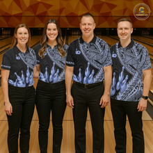 Load image into Gallery viewer, Black and Blue Tribal Pattern Bowling Jersey for Women Bowling Uniform Bowling Team Shirts HNT225