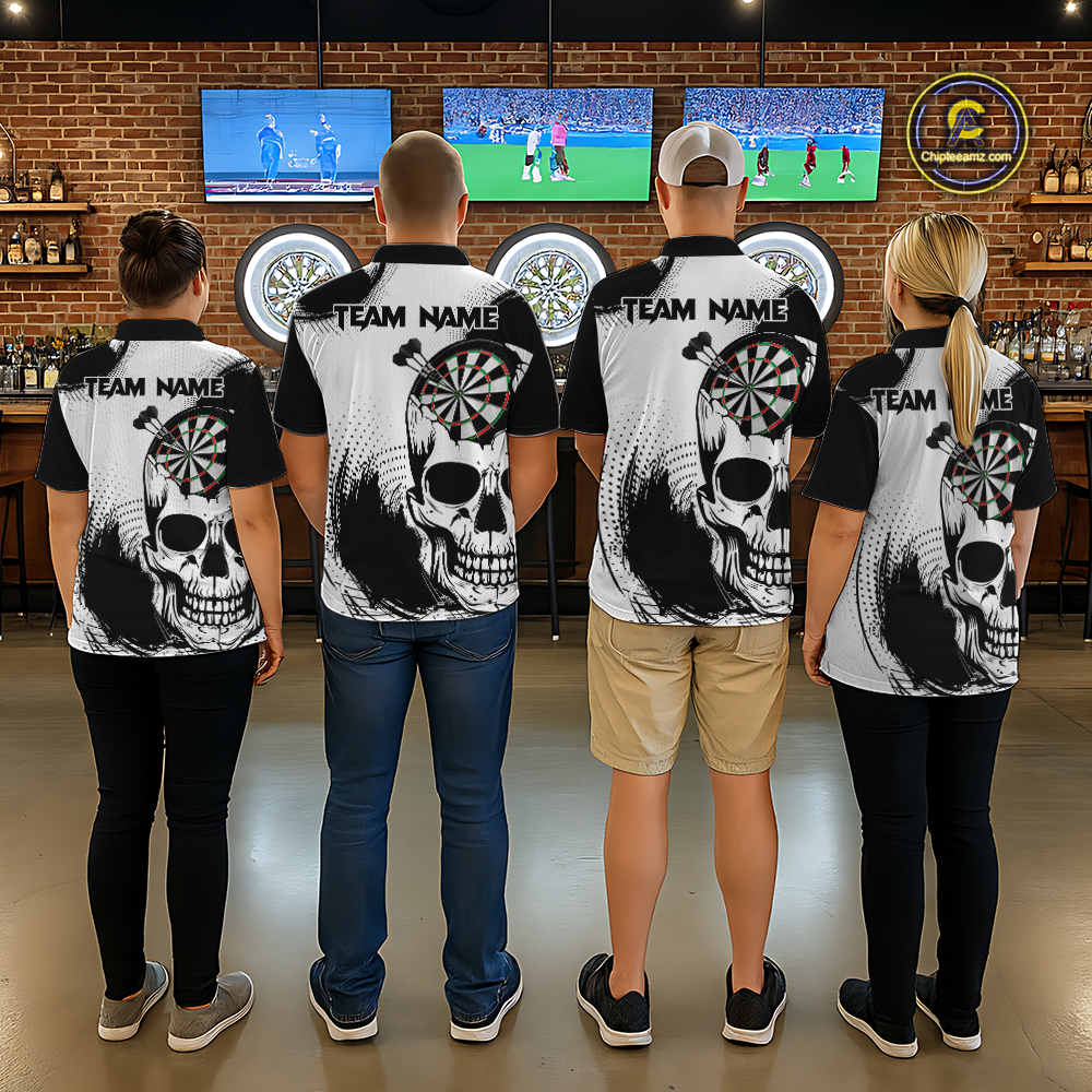 Personalized Skull Dart Shirts for Men Custom Black & White Dart Jersey Polo & Quarter-Zip Dartboard Shirt DHT24
