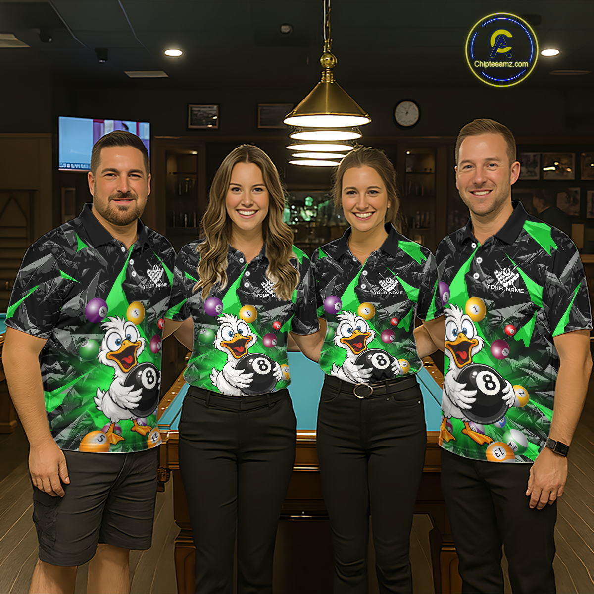 Custom Green Funny Duck 8 Ball Pool Shirts Billiard Shirt for Women Billiard Team Jersey League NNT172