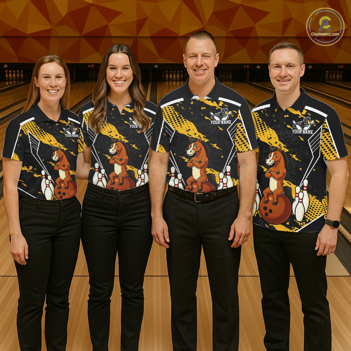 Custom Yellow Funny Horse Bowling Tournament Jersey for Men Bowling Team Shirts Polo & 1/4 Zip HNT180