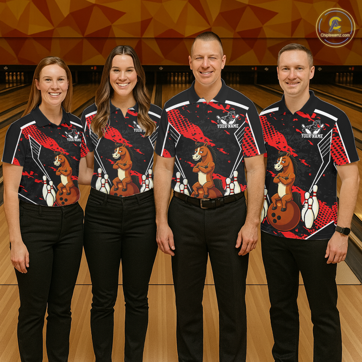 Custom Red Funny Horse Bowling Tournament Jersey for Women Bowling Team Shirts Polo & 1/4 Zip HNT180