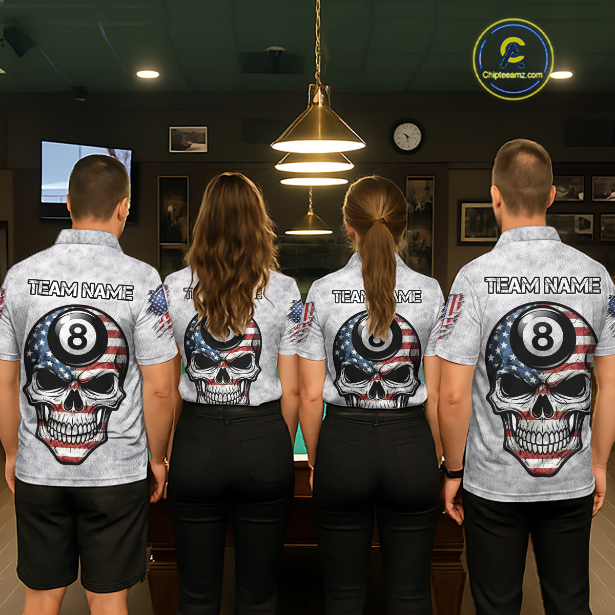 Personalized White Grunge American Flag Skull Pool 8 Ball Women's Billiard Team Shirt Billiard Attire NYN2671