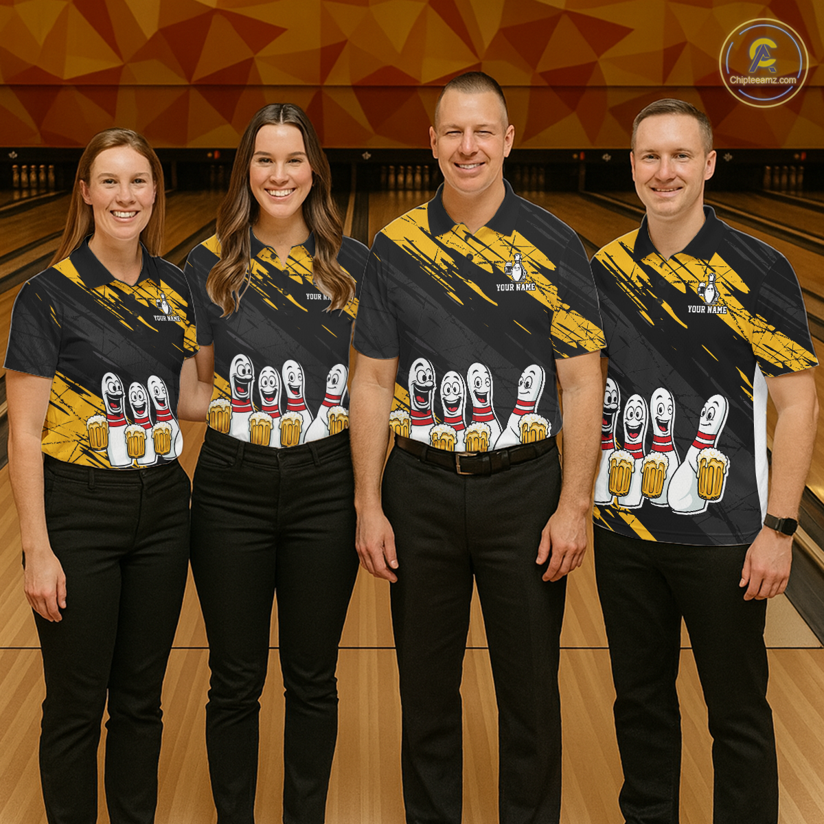 Custom Yellow Funny Bowling Tournament Jersey for Men Bowling Team Shirts Polo & 1/4 Zip HNT178