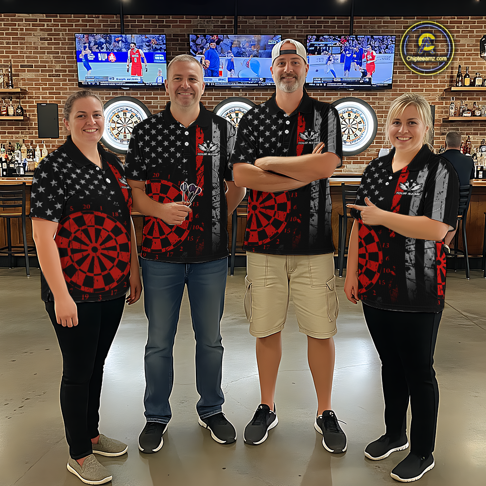 Custom Red US Flag Darts Shirt for Women Darts Team Jerseys Dart Tournament Polo & 1/4 Zip NNT116