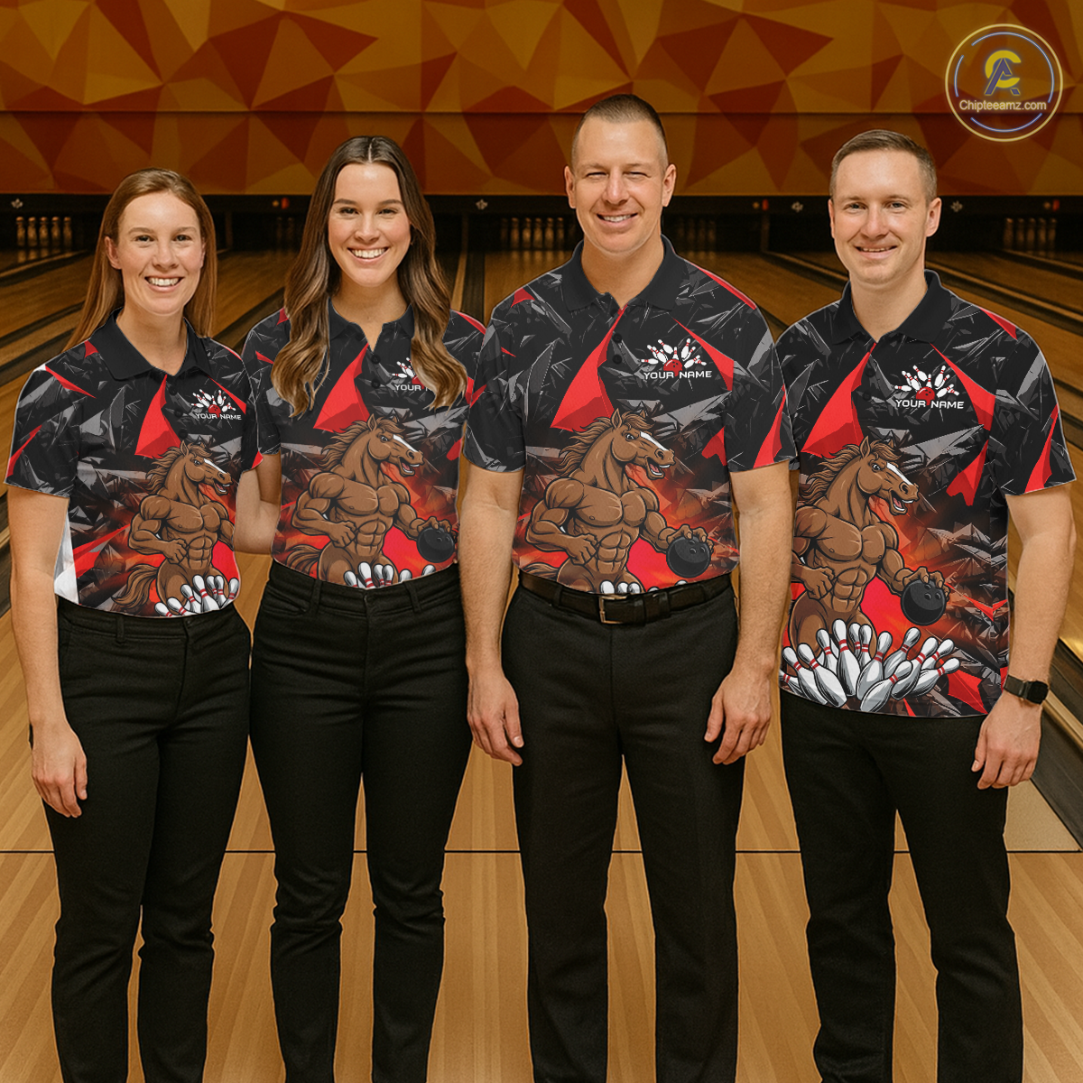 Custom Red Funny Horse Bowling Jersey for Men Bowling Team Shirts Bowling League Polo & 1/4 Zip HNT183