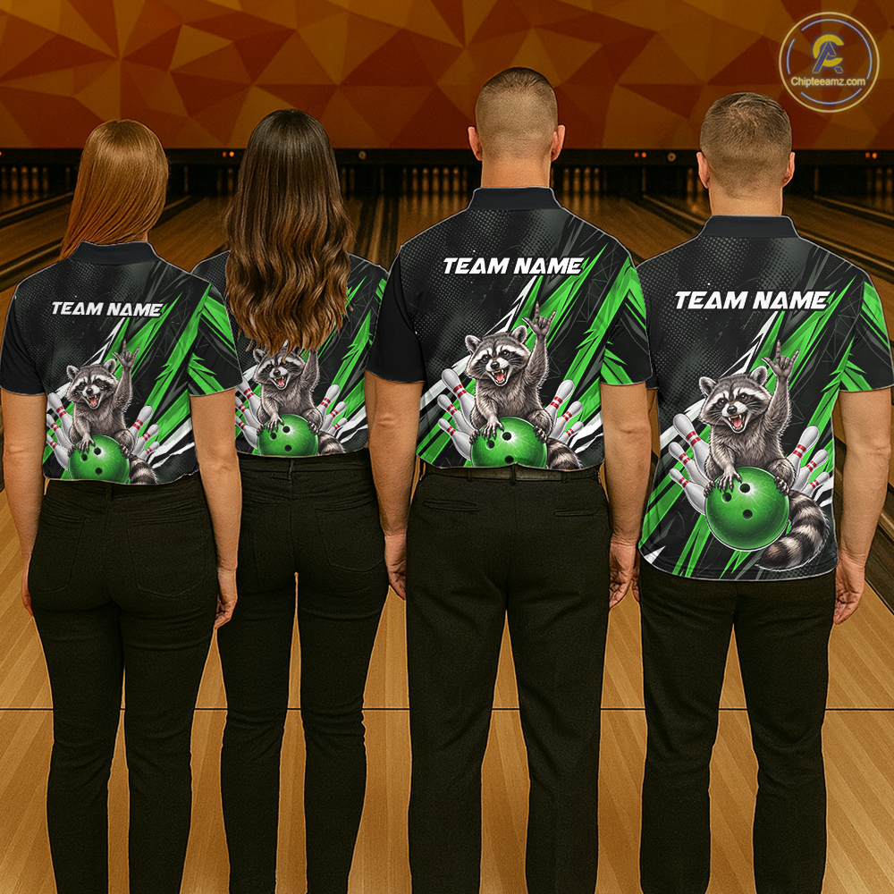 Custom Green Raccoon Bowling Jersey for Women Bowling Team Shirts Bowling Polo & 1/4 Zip HNT254