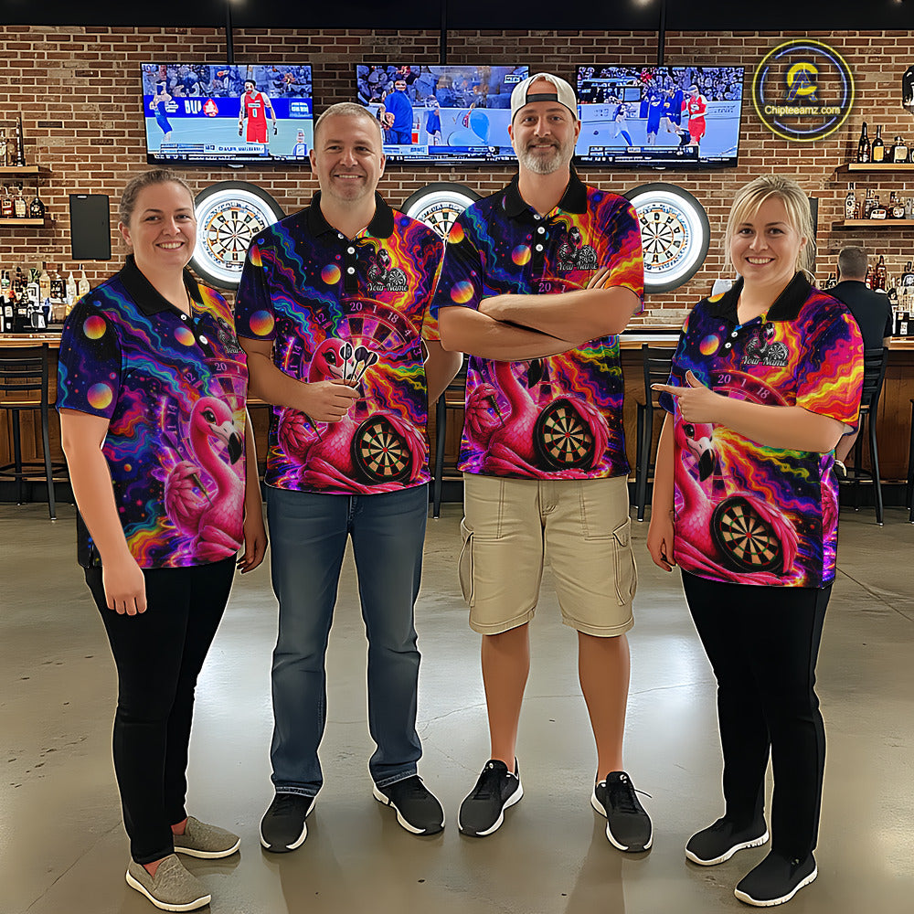 Personalized Cute Flamingo Dart Polo & Quarter Zip Shirt For Women Colorful Rainbow Paint Darts Jersey NYN2869