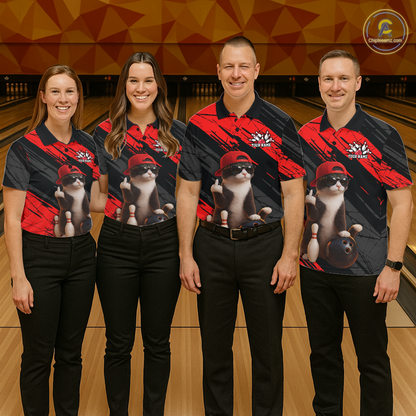 Custom Funny Cat Red Bowling Jersey for Men Bowling Polo & 1/4 Zip Bowling Team Shirts HNT198