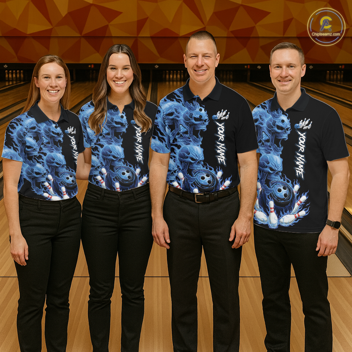 Custom Flame Skull Bowling Jerseys for Women Bowling League Polo & 1/4 Zip Bowling Team Shirts HNT203