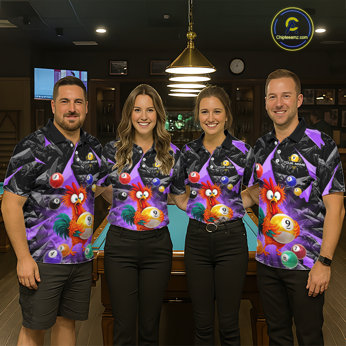 Custom Funny Purple Chicken 9 Ball Pool Billiard Shirt for Men Polo & 1/4 Zip, Billiard Team Jerseys NNT157