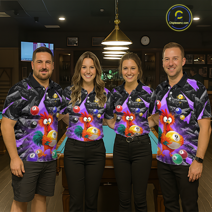 Custom Funny Purple Chicken 9 Ball Pool Billiard Shirt for Men Polo & 1/4 Zip, Billiard Team Jerseys NNT157