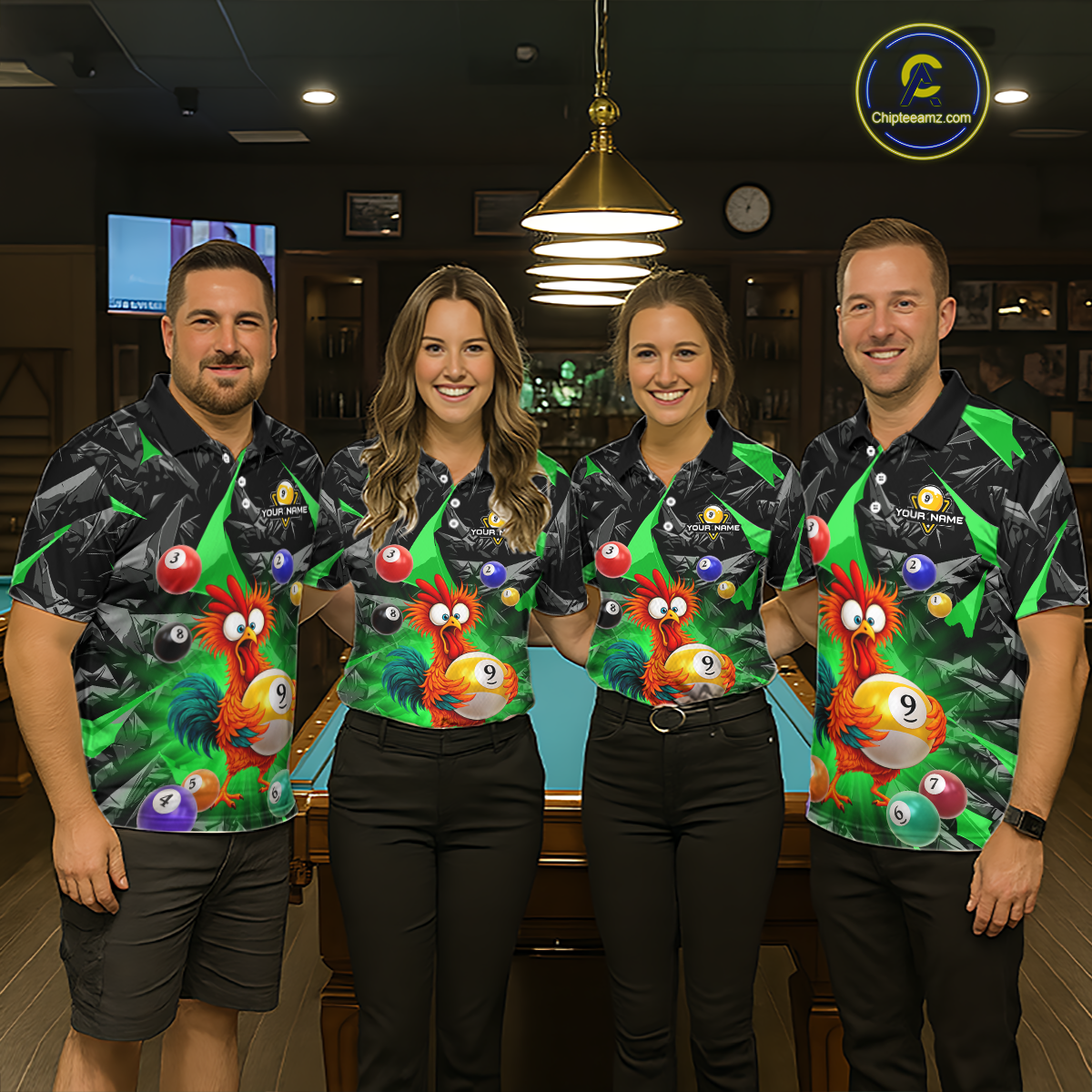 Custom Funny Green Chicken 9 Ball Pool Billiard Shirt for Women Polo & 1/4 Zip, Billiard Team Jerseys NNT157