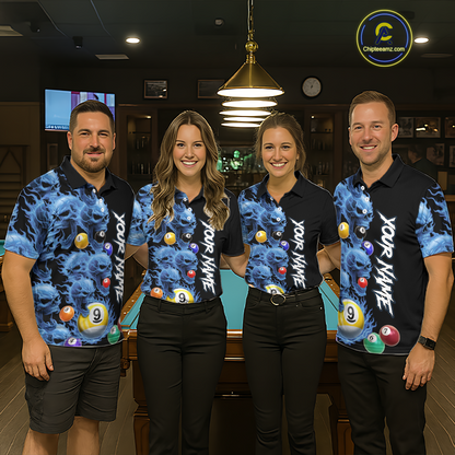 Custom Blue Flame Skull 9 Ball Pool Billiard Shirt for Men Polo & 1/4 Zip, Billiard Team Jerseys NNT159