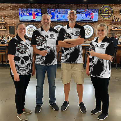 Personalized Skull Dart Shirts for Men Custom Black & White Dart Jersey Polo & Quarter-Zip Dartboard Shirt DHT24