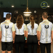 Load image into Gallery viewer, Personalized White And Gold Crown 8 Ball Pool Billiard Polo &amp; 1/4 Zip For Women, Billiard Team Attire NYN3014
