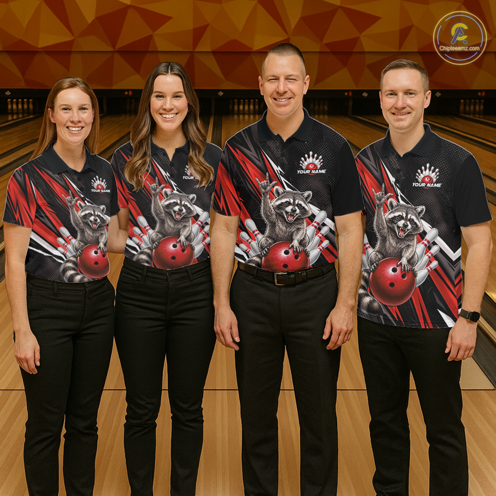 Custom Red Raccoon Bowling Jersey for Men Bowling Team Shirts Bowling Polo & 1/4 Zip HNT254
