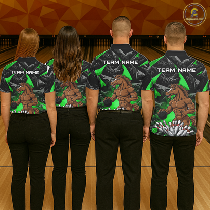 Custom Green Funny Horse Bowling Jersey for Men Bowling Team Shirts Bowling League Polo & 1/4 Zip HNT183