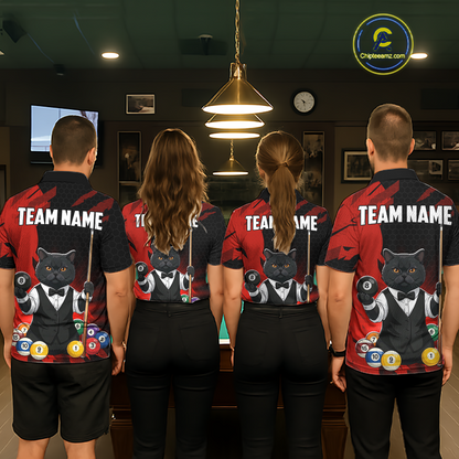 Custom Black Cat 8 Ball Pool Shirts Red Billiard Shirt for Men Billiard Team Jersey Billiard Gift NNT181