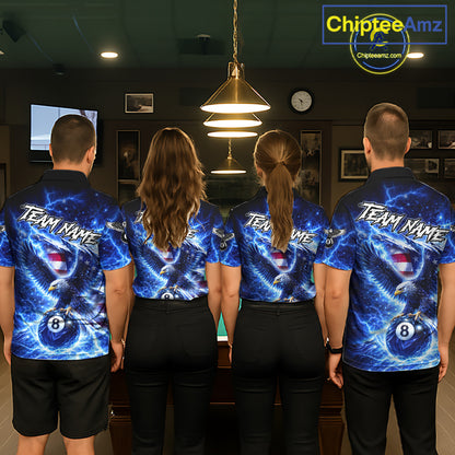 Torn US Flag Thunder Eagle Pool 8 Ball Women Billiard Shirt Custom Patriotic Billiard Apparel|Blue NYN2638