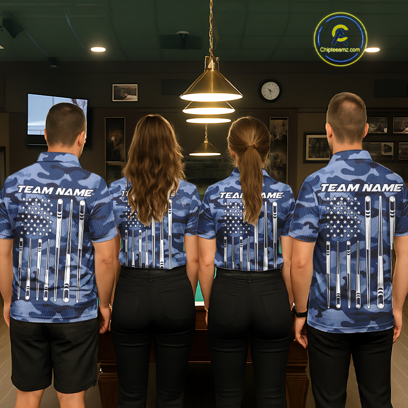 Custom Blue Camo 8 Ball Billiard Shirts for Men Billiard League Billiard Team Shirts NNT106