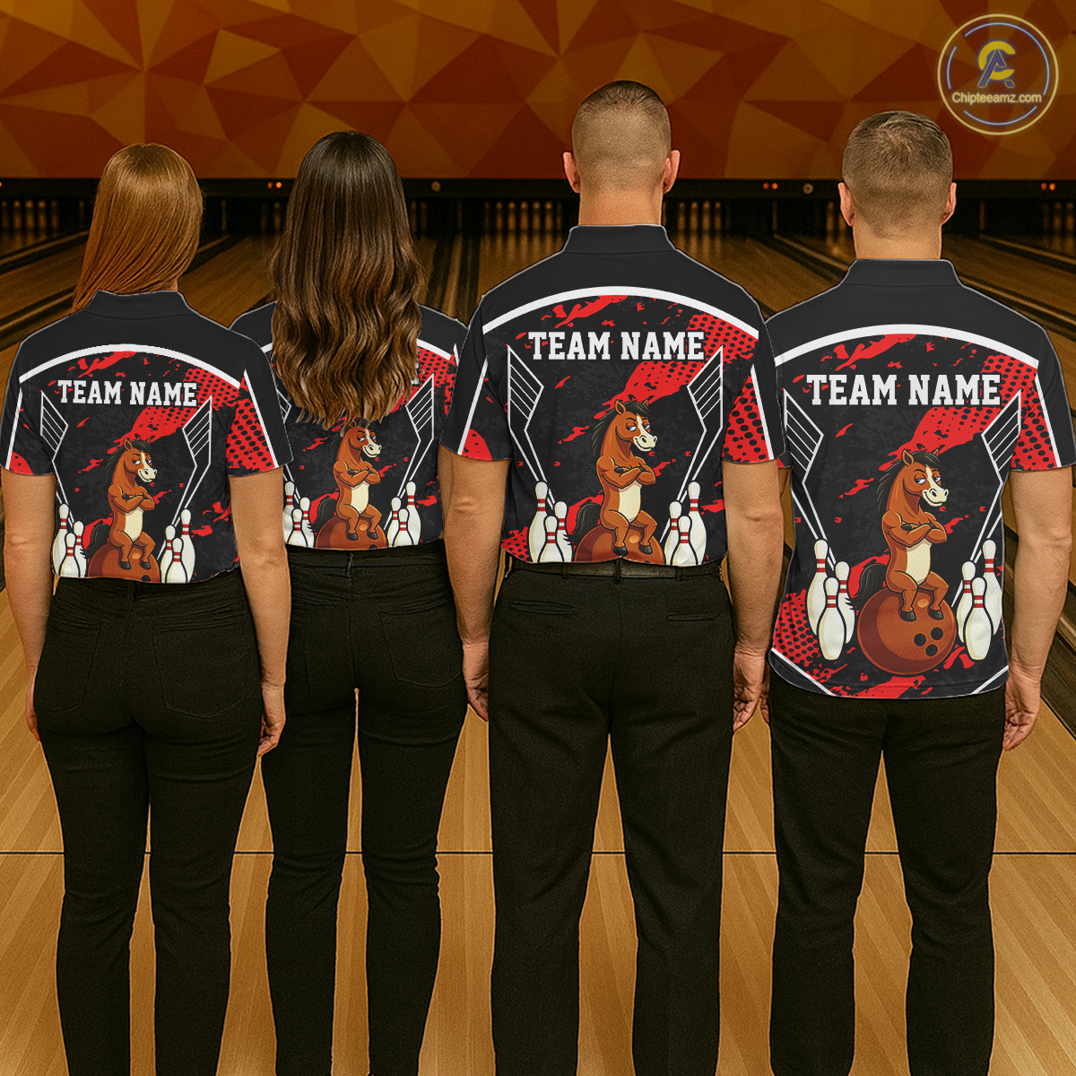 Custom Red Funny Horse Bowling Tournament Jersey for Men Bowling Team Shirts Polo & 1/4 Zip HNT180