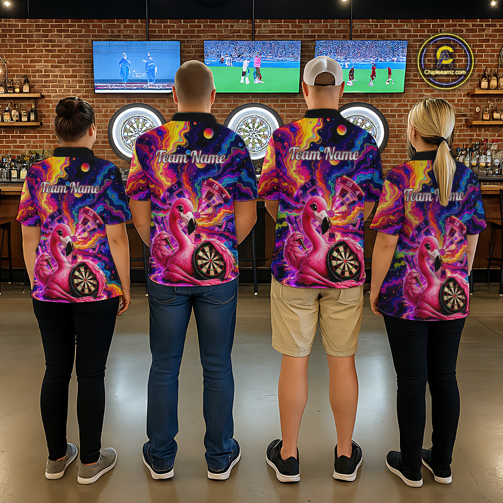Personalized Cute Flamingo Dart Polo & Quarter Zip Shirt For Women Colorful Rainbow Paint Darts Jersey NYN2869