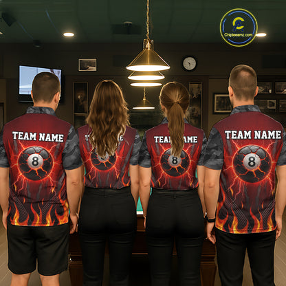 Personalized 8 Ball Red Flames Pool Billiard Polo & 1/4 Zip For Men Custom Camo Billiard Team Jerseys NYN3011