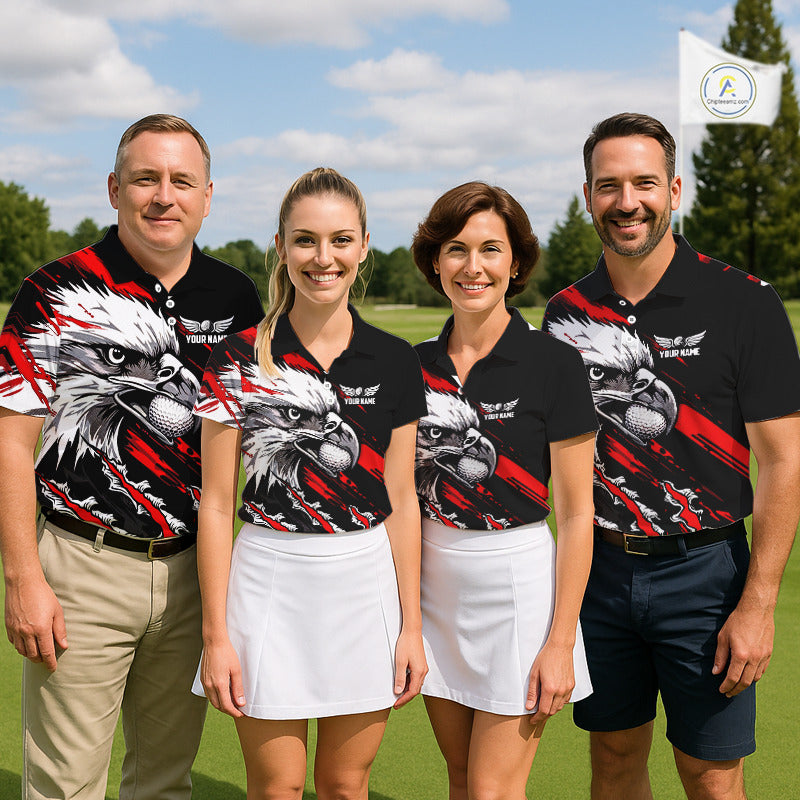 Womens Golf Polo Shirts Custom Red & Black Grunge Pattern Eagle Golf Shirts For Men, Golf Apparel NHN0062