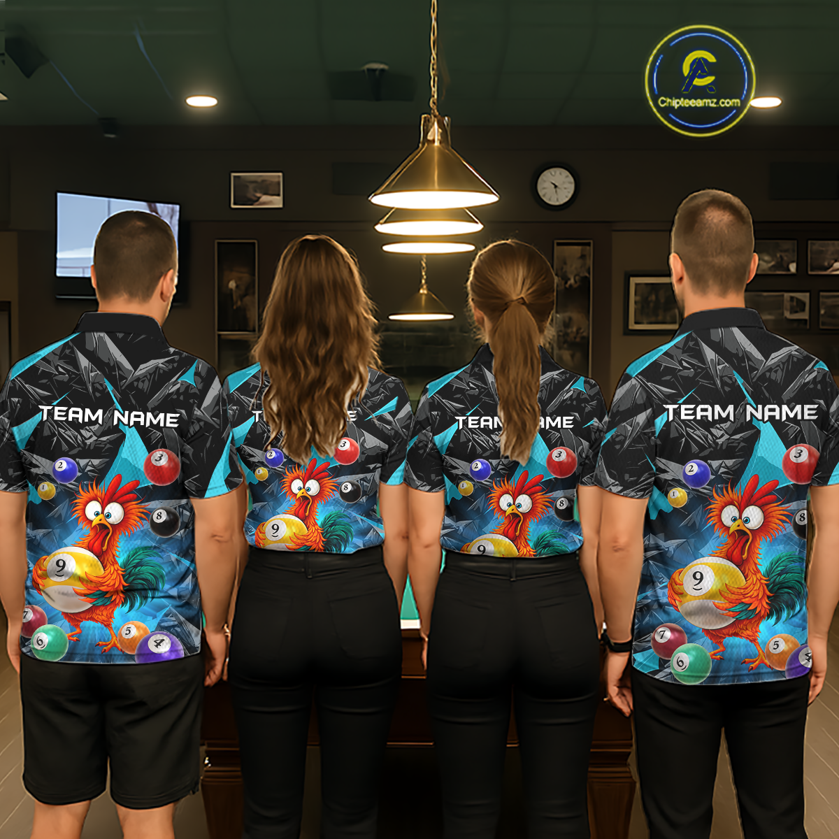 Custom Funny Turquoise Chicken 9 Ball Pool Billiard Shirt for Women Polo & 1/4 Zip, Billiard Team Jerseys NNT157
