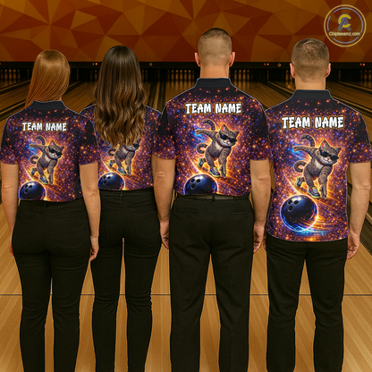 Custom Galaxy Funny Cat Bowling Shirt for Men Bowling League Jersey Polo & Quarter-Zip Bowling Outfit QZT917