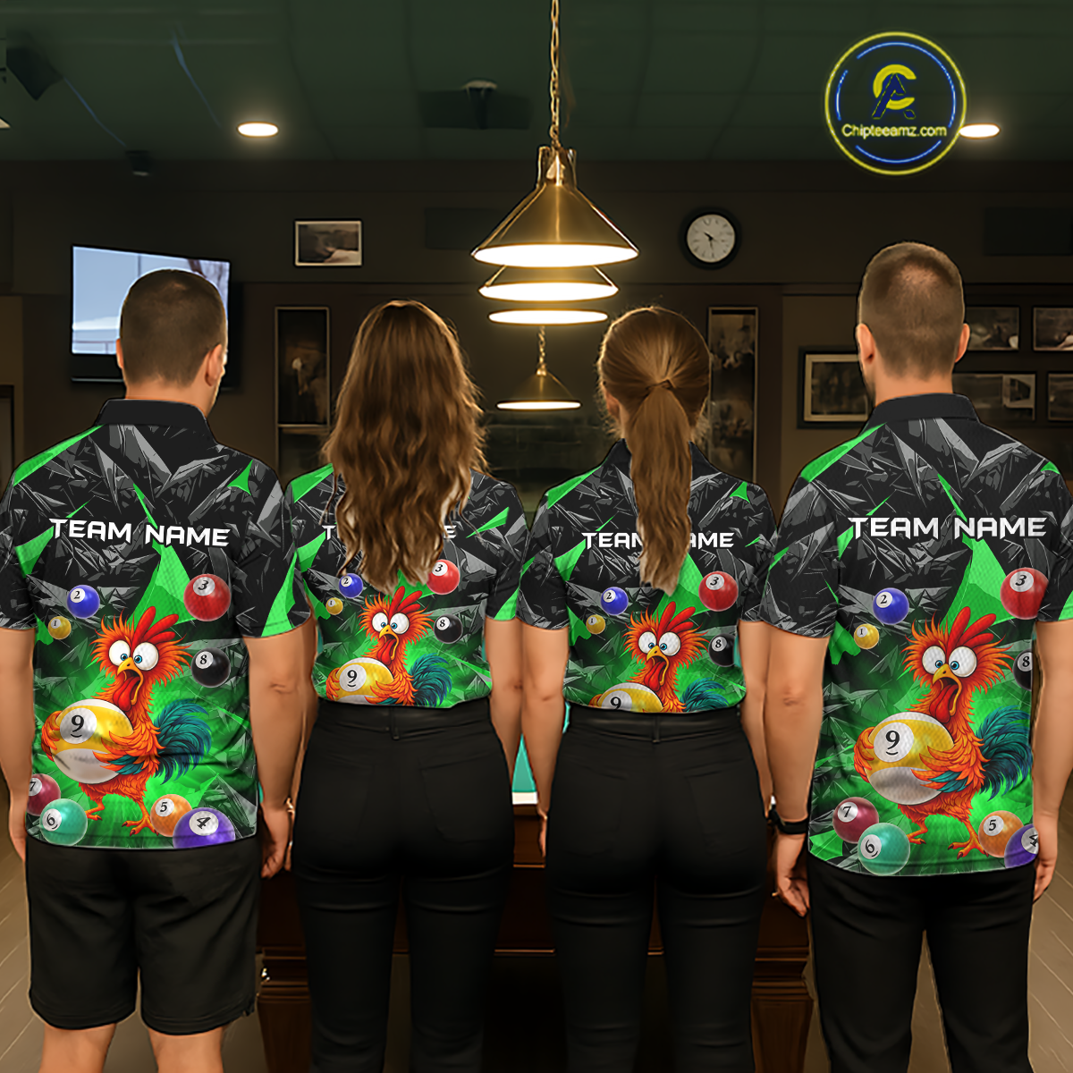 Custom Funny Green Chicken 9 Ball Pool Billiard Shirt for Men Polo & 1/4 Zip, Billiard Team Jerseys NNT157
