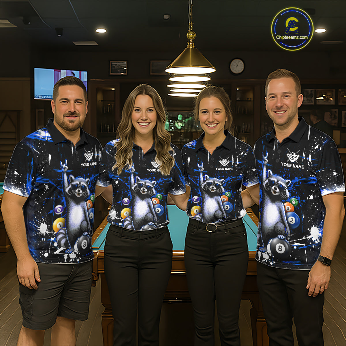 Custom Blue Funny Raccoon Billiard Shirt for Women 8 Ball Pool Billiard Jersey Polo & 1/4-Zip BHT5
