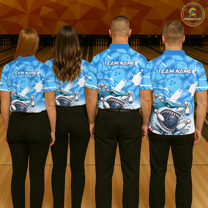 Blue Bowling Camo Angry Shark Bowling Polo, 1/4 Zip Shirts for Women Custom Shark Team Bowling Jersey NQS11605