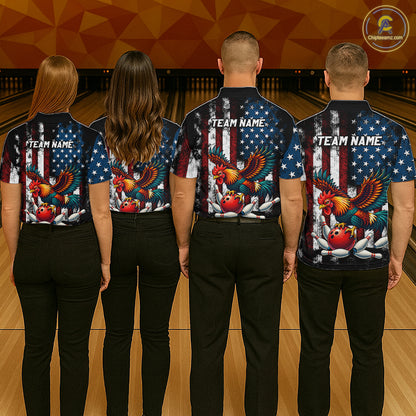 Custom Rooster US Flag Bowling Jersey for Women Bowling Team Shirts Bowling Polo & 1/4 Zip HNT259