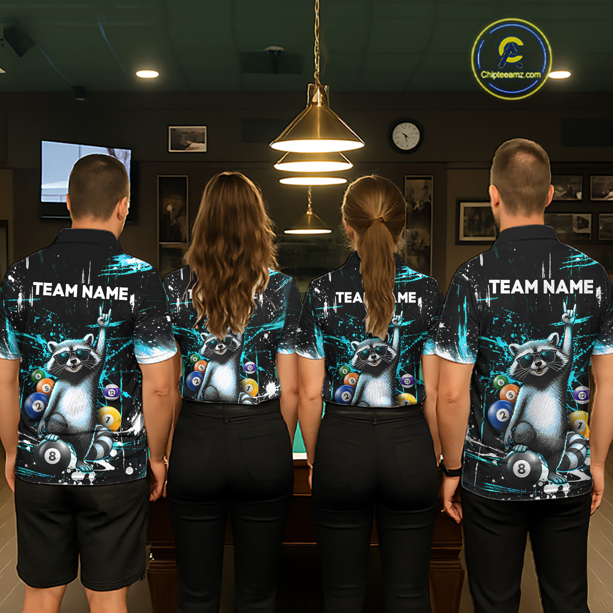 Custom Turquoise Funny Raccoon Billiard Shirt for Men 8 Ball Pool Billiard Jersey Polo & 1/4-Zip BHT5