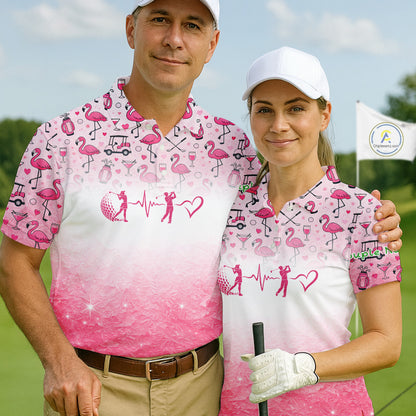 Pink Flamingo Heart Theme Matching Golf Polos For Couple Custom Couple Valentines Outfit NHN0145
