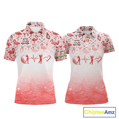 Red Flamingo Heart Theme Matching Golf Polo Shirt For Couple Custom Couple Valentines Outfit NHN0145
