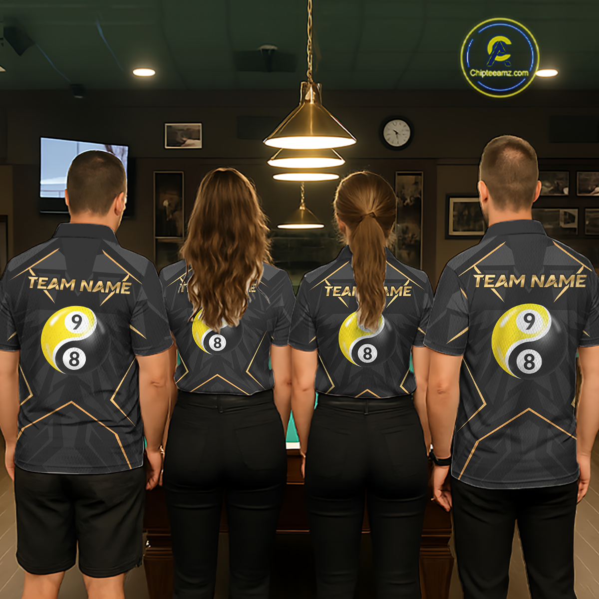Custom Black Gold 8 Ball 9 Ball Yin Yang Pool Shirts Billiard Shirt for Men Billiard Team Jersey NNT179