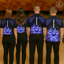 Load image into Gallery viewer, Custom Blue Flame Bowling Team Shirt for Women Polo &amp; 1/4-Zip Bowling Jersey Bowling League Uniform QZT866