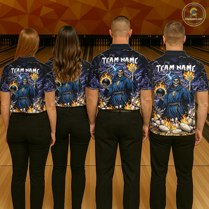 Custom Flame Grim Reaper Bowling Jersey for Men Polo & 1/4 Zip Bowling Team Shirts HNT222