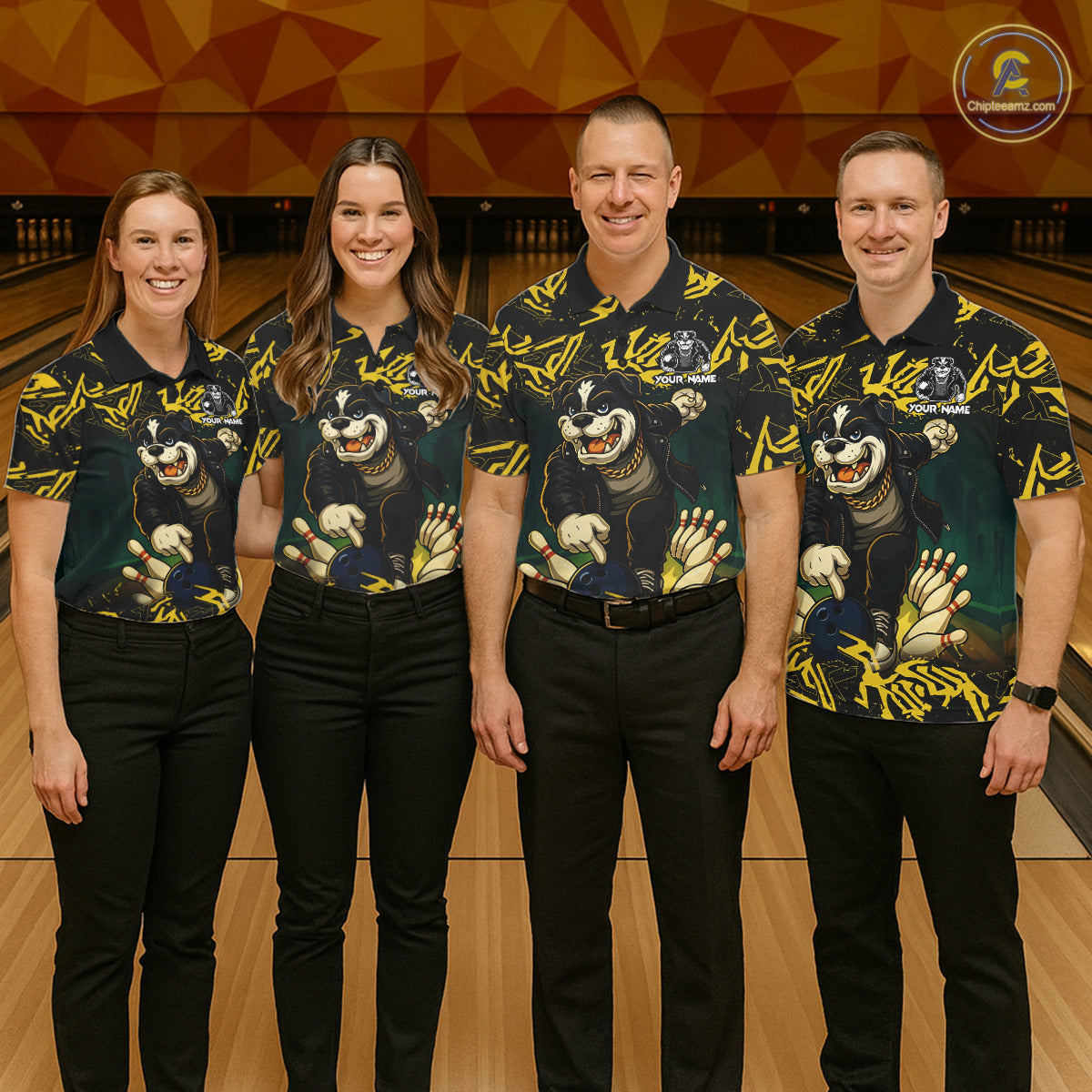 Black and Yellow Camo Funny Bulldog Bowling Shirts For Women Custom Cool Bowling Outfits Team Jerseys NQS11215