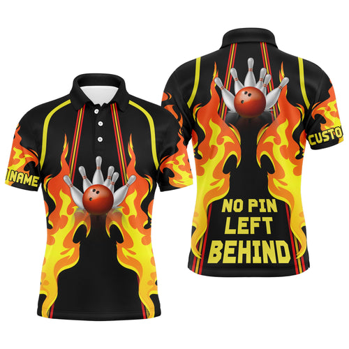 No Pin Left Behind Personalized Men Polo Bowling Shirt, Cool Flame Bowler Jersey NBP26