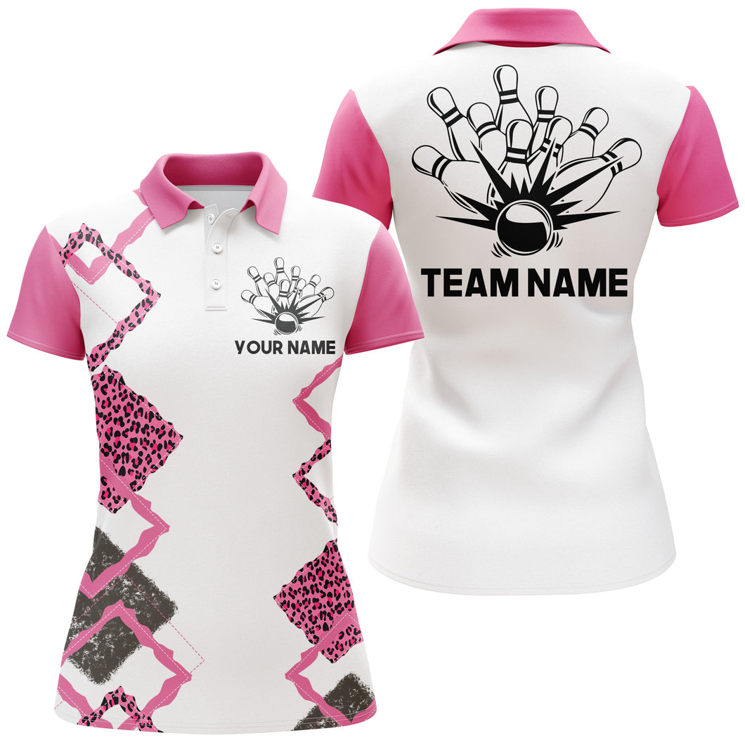 Personalized Women Polo Bowling Shirt Pink Leopard Girl Short Sleeve Team Female Bowlers Jersey NBP07