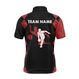 Men Polo Bowling Shirt Personalized Name, Red&Black Bowler Team Jersey for Bowling Lovers NBP22