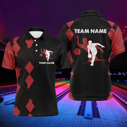 Men Polo Bowling Shirt Personalized Name, Red&Black Bowler Team Jersey for Bowling Lovers NBP22