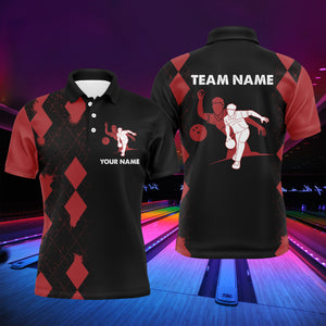 Men Polo Bowling Shirt Personalized Name, Red&Black Bowler Team Jersey for Bowling Lovers NBP22